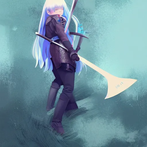 Image similar to ilya kuvshinov with long hair, sky blue hair, hazel eyes, boyish face, wielding a sword and shield, professional digital painting, concept art, award - winning photography, cinematic, forest background, awe, regal, wlop, art by andy warhol, pixiv art, yoshitaka amano