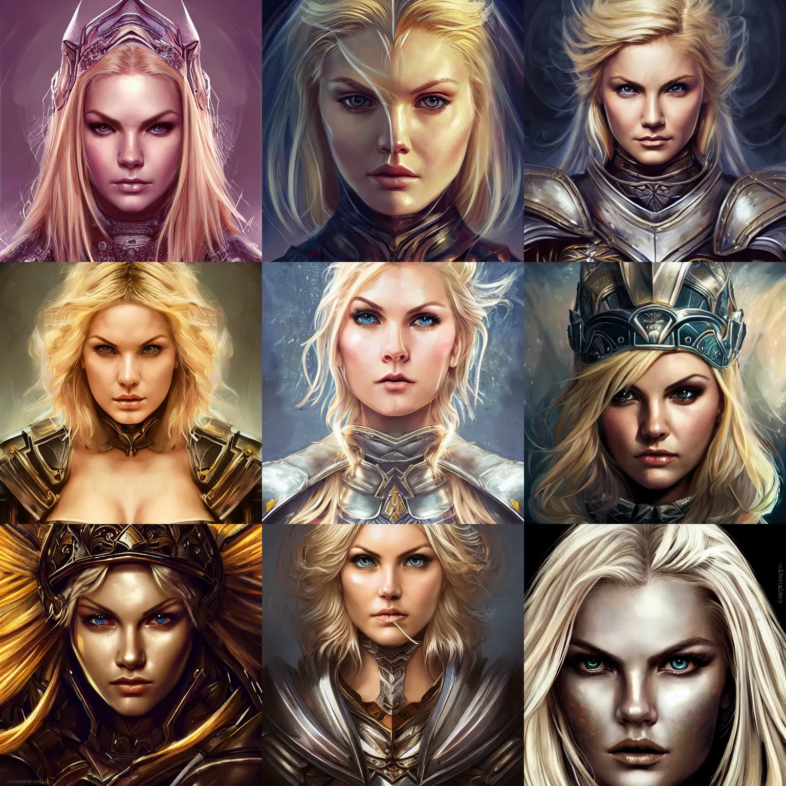 Prompt: head-on centered symmetrical painted portrait, Elisha Cuthbert as a paladin, blonde hair, steel armour, dramatic lighting, intricate, fantasy, intricate, elegant, highly detailed, digital painting, smooth, sharp focus, illustration, dramatic lighting, artstation, in the style of Artgerm and Anna Podedworna