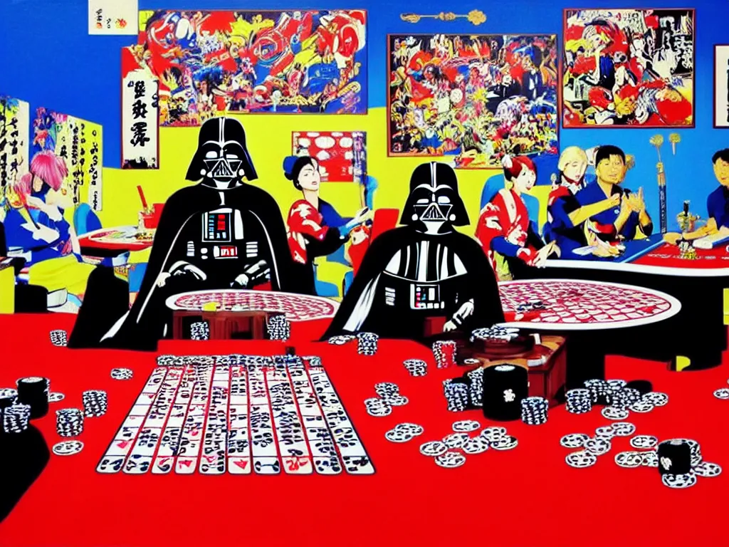 Image similar to hyper - realistic composition of a large room with an extremely detailed poker table in the center, woman in traditional japanese kimono standing nearby, darth vader sitting at the table, fireworks in the background, pop art style, jackie tsai style, andy warhol style, acrylic on canvas, dull palette