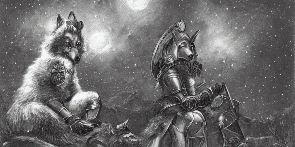 Prompt: anthropomorphic furry wolf in armor looking at the stars, 1900s picture