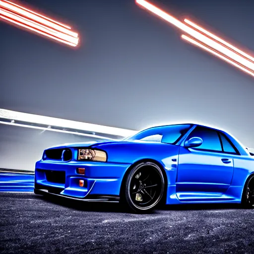 Prompt: electric blue R34 skyline, photography, 4k, volumetric lighting