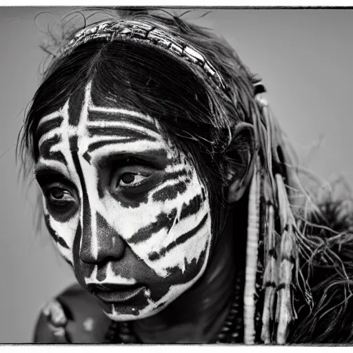Prompt: a female hopi shaman, 2 0 yo, annoyed look, skin pores, scars, skin condition, dark background, studio light, hdr, nikon 5 0 mm f / 1. 8 g, by sebastiao salgado