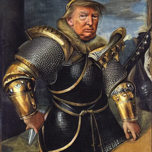 Prompt: donald trump, donald trump, wearing knight ’ s armor, holding a spectacular broadsword, by annibale carracci, two arms, two legs, donald trump, symmetrical face, highly detailed face, perfect face