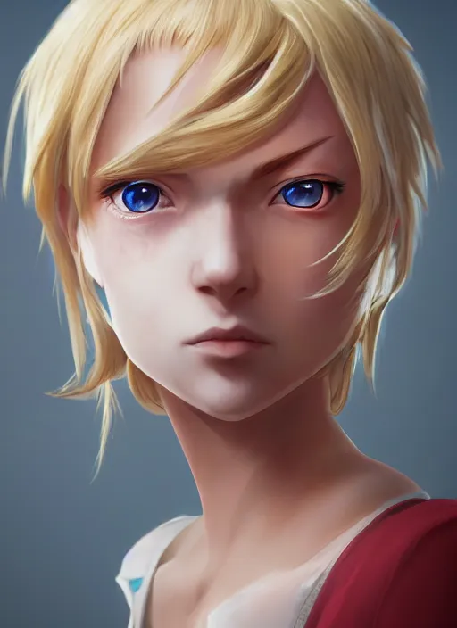 Image similar to An epic fantasy anime style portrait painting of a young blonde thief, unreal 5, DAZ, hyperrealistic, octane render, cosplay, RPG portrait, dynamic lighting