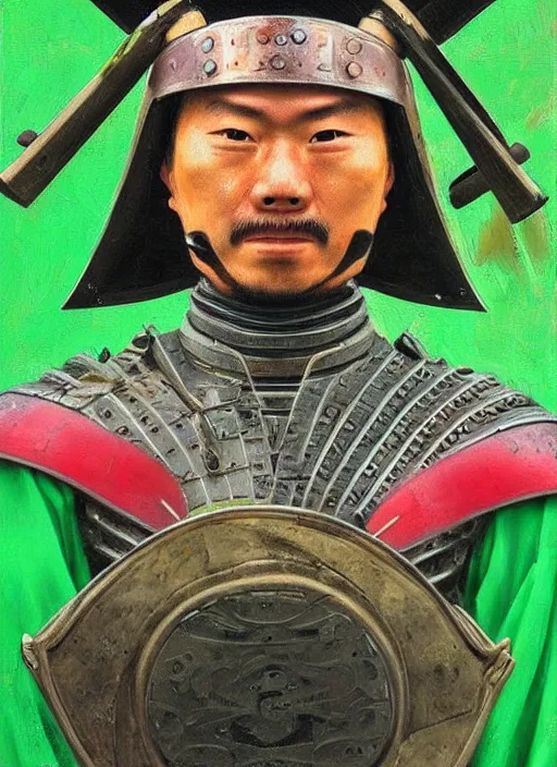 Prompt: a japanese samurai but his armor is greeen, little bit red, damaged and the helmet is almost futuristic, very detailed oil painting, dark and realistic, japanese art art