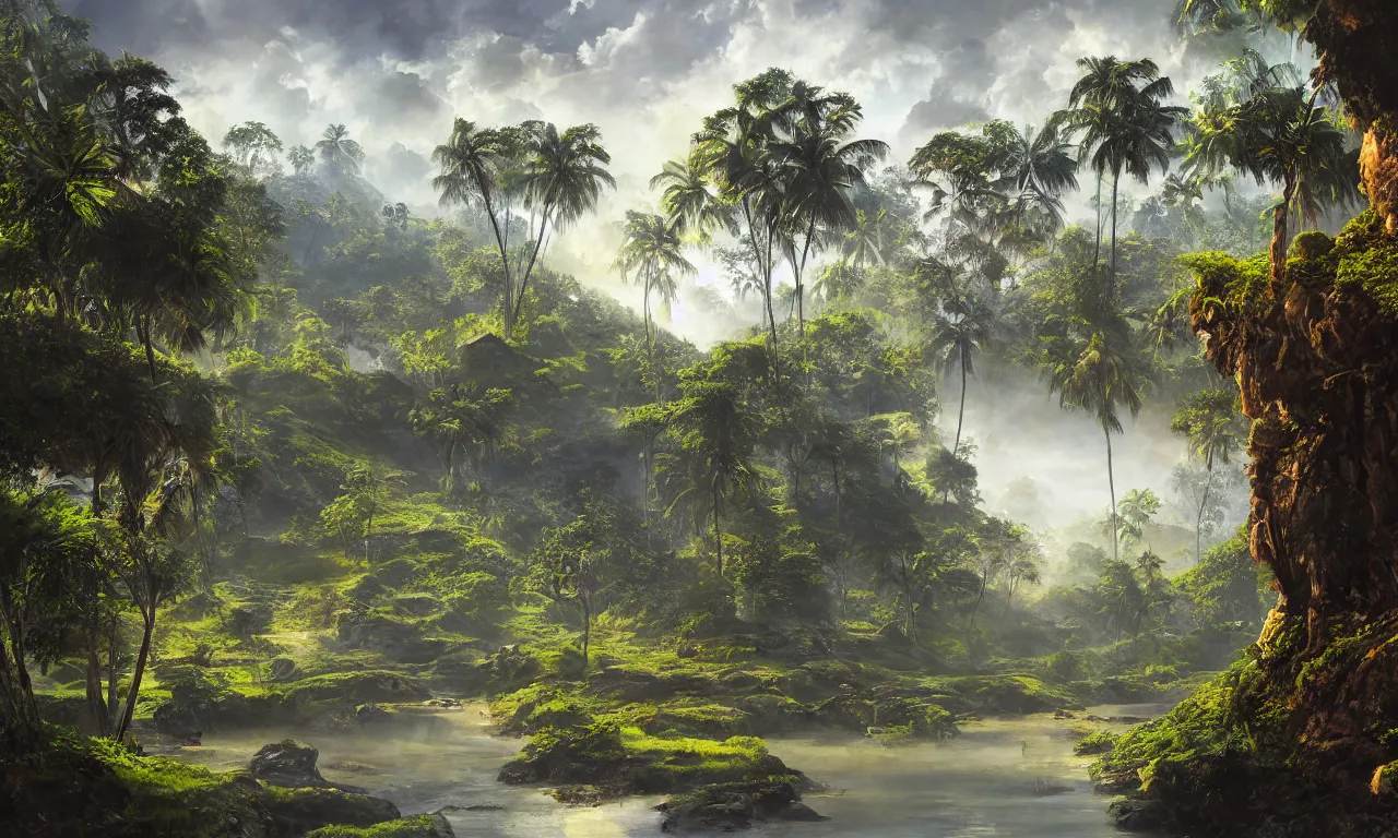 Image similar to a beautiful sri lankan landscape, concept art, intricate detail, volumetric shadows and lighting, realistic oil painting,