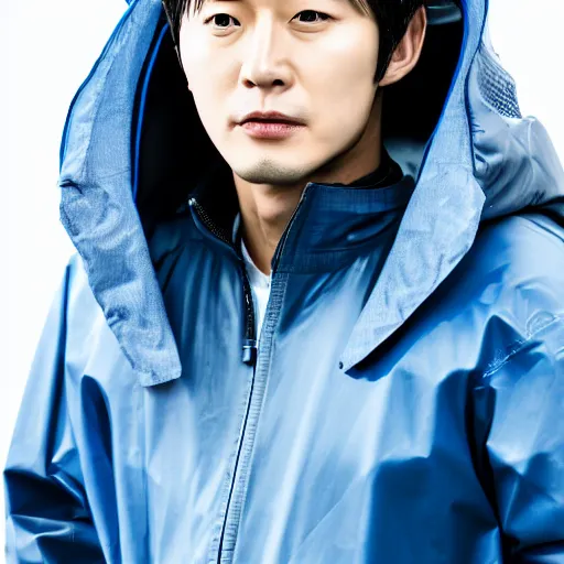 Prompt: a close up photographic portrait of a handsome korean actor wearing wet weather gear looking worried taken by annie leibowitz. cinematic lighting, blue background colour, 5 0 mm, subsurface scatter.