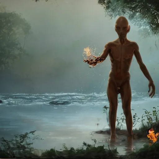 Image similar to a cinematic painting of alien tentacles emerging from the water of a river, a single human godly like figure stands on the riverbed watching, fire blowing the leaves from the trees