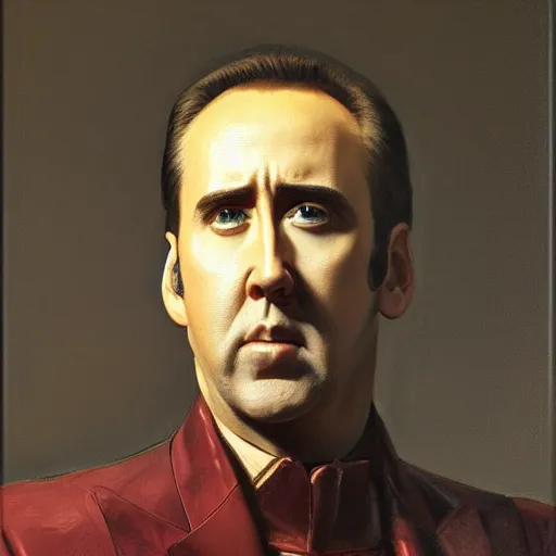 Image similar to Nicolas Cage as an Android, oil on canvas, golden hour, artstation, by J. C. Leyendecker and Peter Paul Rubens,