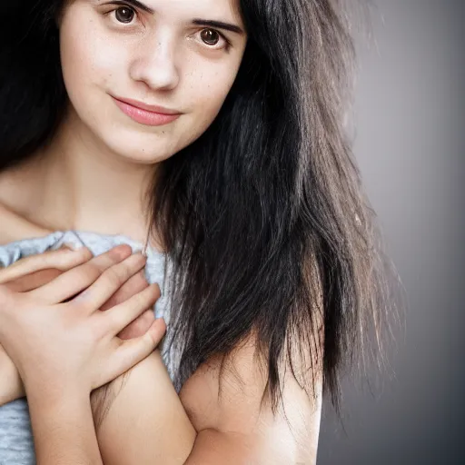 Image similar to young woman with shoulder - length messy black hair, slightly smiling, 1 3 5 mm nikon portrait