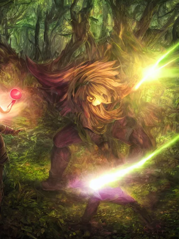 Image similar to magician fighting a final fantasy monster in a forest, fantasy, magical lights, detail,