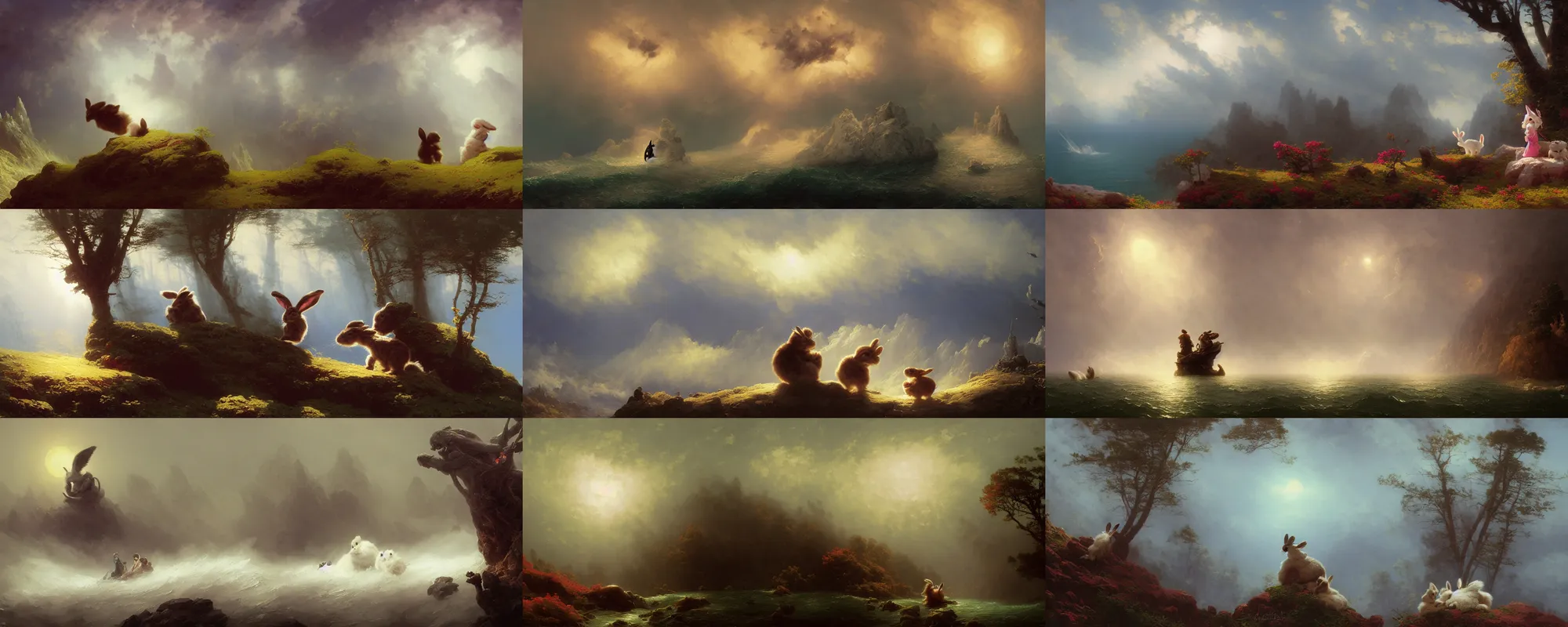 Prompt: playing with fluffy bunnies, Ivan Aivazovsky, Christopher Balaskas, Noah Bradley, Albert Bierstadt, Jim Burns, Edwin Church, Frederic Thomas Cole, Brown Durand, Asher David Friedrich, Caspar James Gurney, Johnson Heade, Martin Raphael Lacoste, Ted Nasmith, Andreas Rocha, Christophe Vacher