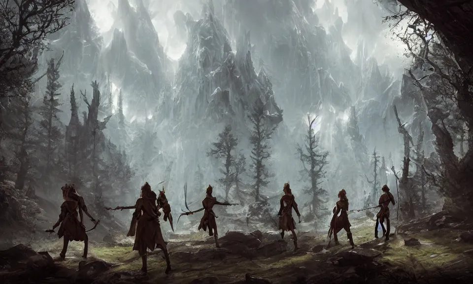 Prompt: A fantasy matte painting of a group of adventurers walking composed by a female archer elf a male cleric a male fighter that walk through a forest with trees made of ice crystals, high detail, Miguel Iglesias, Greg Rutkowski, James Daly, ArtStation, Deviantart, Unreal Engine