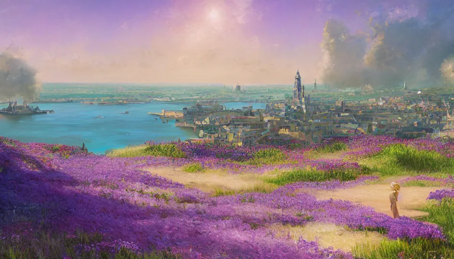 Image similar to over the shoulder landscape painting of violet evergarden standing on a distant colorful flower hill, behind it a distant old european city leiden from violet evergarden next to the reflecting ocean, ocean, sunshine, fantasy, intricate, elegant, highly detailed, digital painting, artstation, blender, unreal engine 5, octane render, smooth, sharp focus, illustration, by Anton Fadeev and Philipp A. Urlich and Andreas Rocha