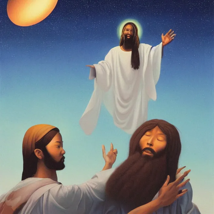 Image similar to UFO hovering over an African Jesus ,painting by Hsiao-Ron Cheng,