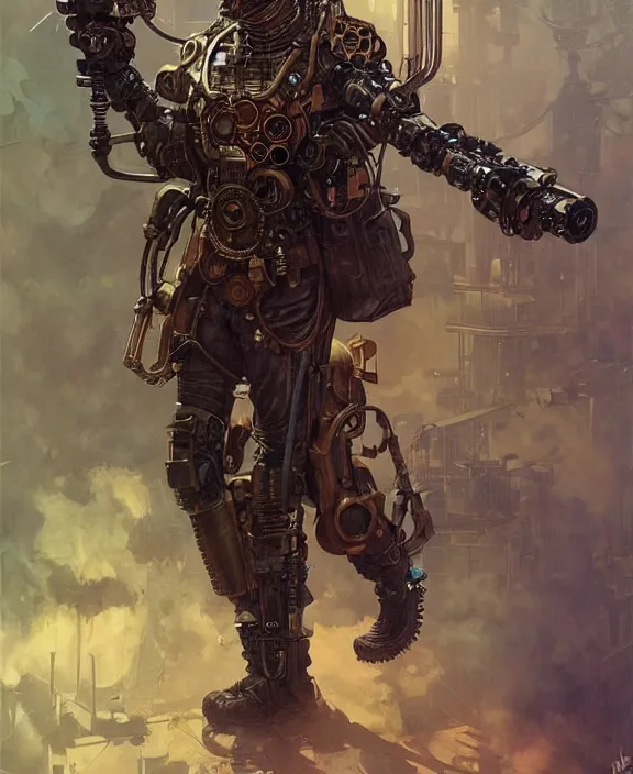 Prompt: a steampunk dieselpunk male terminator, fantasy, intricate, elegant, highly detailed, colorful, vivid color, digital painting, artstation, concept art, art by artgerm and greg rutkowski and alphonse mucha and ruan jia