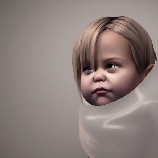 Prompt: toddler wrapped in shrink wrap plastic, realistic render, unreal engine, white background