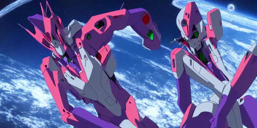Image similar to two eva 0 0 from neon genesis evangelion, fighting and floating in space, 8 k, highly detailed