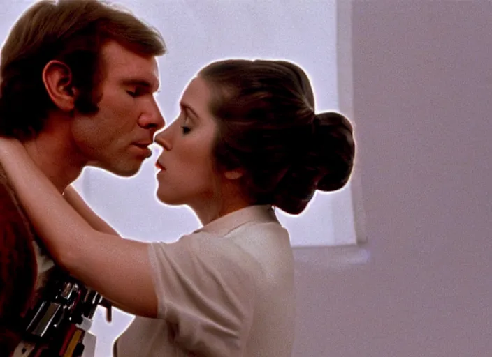 Image similar to screenshot of Han Solo kissing Princess Leia Organa, alone, pensive, iconic scene from 1970s Star Wars film directed by Stanley Kubrick, in a sci fi nursing home architecture, last jedi, 4k HD, cinematic still frame, photoreal, beautiful portraits, moody lighting, stunning cinematography, anamorphic lenses, kodak color film stock