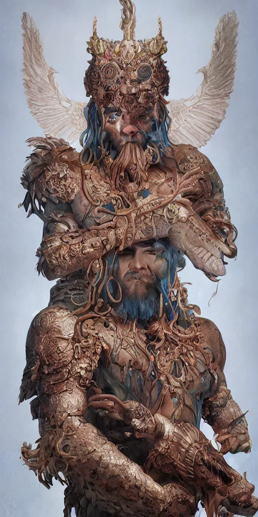 Image similar to Portrait of enki sumerian god, holding a strobilus in his left hand and wings. illustration, by James Jean, artgerm, octane render, by John Coltrane and Marc Simonetti, Manic, inspired by Greg rutkowski, colorful, high detail of the face, full body