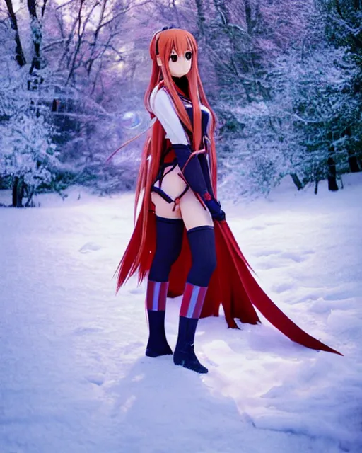 Image similar to photo of asuna from sao in winter location, asuna by a - 1 pictures, by greg rutkowski, gil elvgren, enoch bolles, glossy skin, pearlescent, anime, very coherent, film still, dslr, 3 5 mm canon