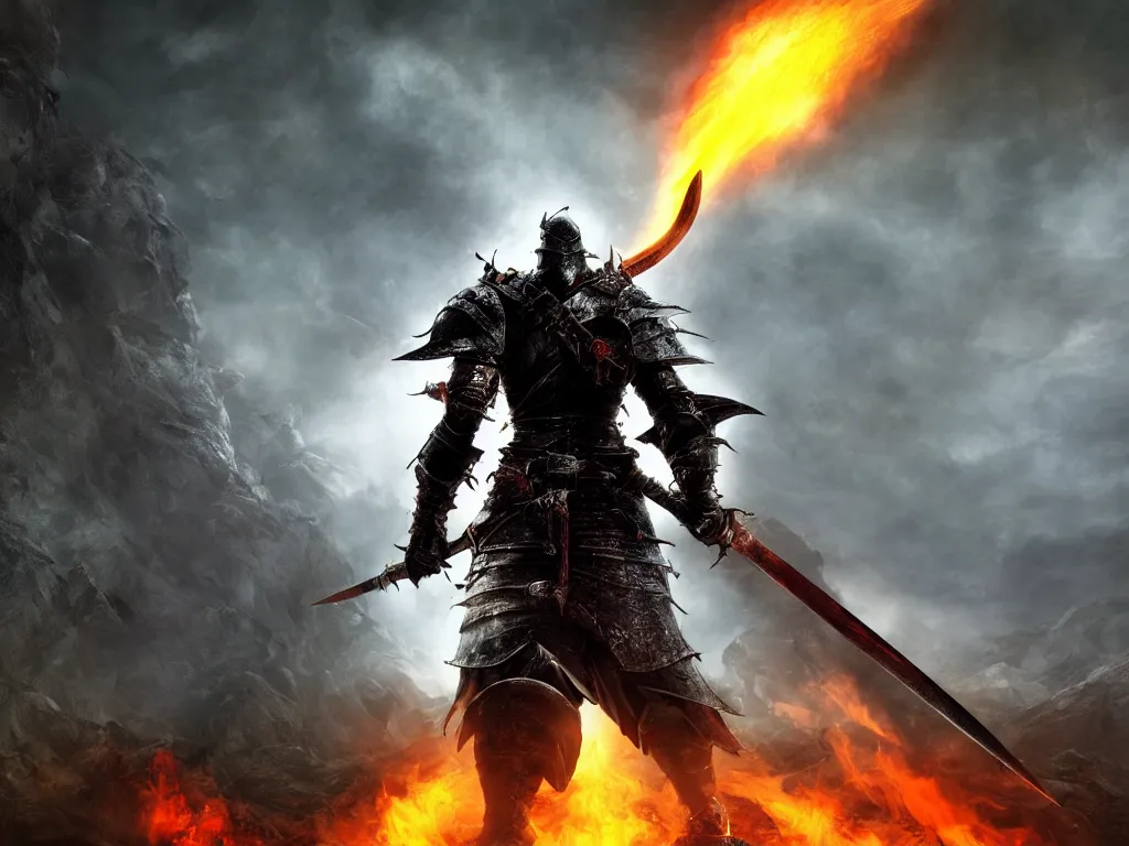 Prompt: warrior of death with big sword and shining armor standing and looking down, out of his back is coming white smoke, in the style of dark souls, conzept art