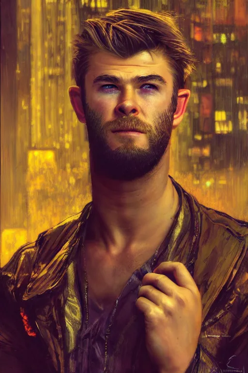 Prompt: hyperrealist cyberpunk portrait of a young ducktail bearded middle eastern chris hemsworth, it is decorated with long computer wires and computer monitors in the cyberpunk office background. by jeremy mann and alphonse mucha, fantasy art, photo realistic, dynamic lighting, artstation, poster, volumetric lighting, very detailed faces, 4 k, award winning