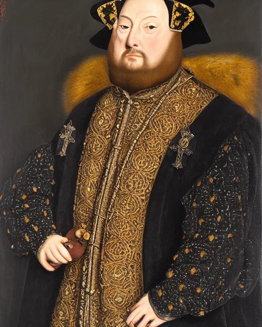 Prompt: fat dark gray cat with yellow eyes dressed like henry viii, tudor period robes in scarlet gold black, tudor bonnet, luxurious, opulent, regal, royal portrait, hans holbein the younger, greg rutkowski