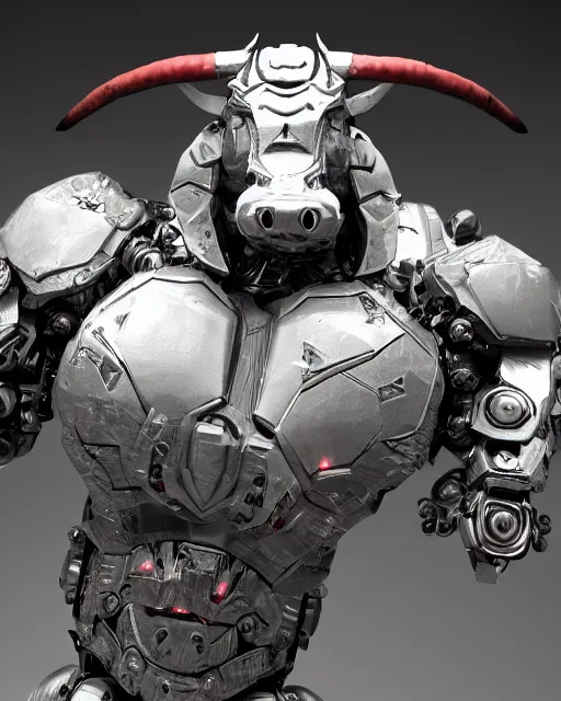 Prompt: a full body shot of an imposing cyborg ( bull ) modeled after a bull with open eyes looking into the camera, red eyes, highly detailed, android, cyborg, full body shot, intricate, 3 d, hyper realism, symmetrical, octane render, strong bokeh, fantasy, highly detailed, depth of field, digital art, artstation, concept art, cinematic lighting, trending