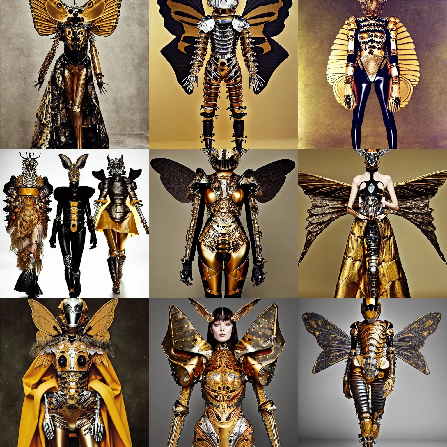 Prompt: haute couture paladin editorial by klimt, biomechanical hornet with metal couture wings by malczewski, ornate power armour knight in gold and bizmuth by giger