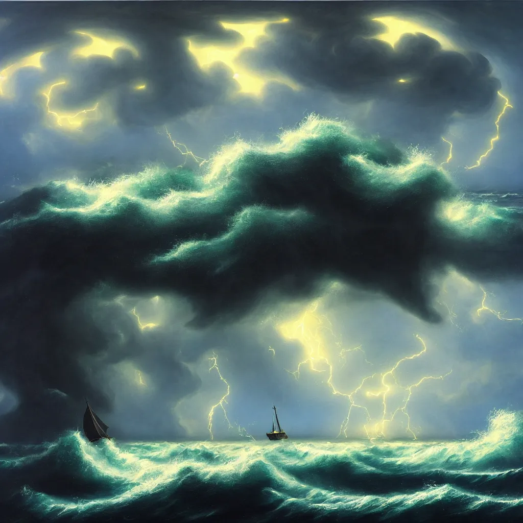 Image similar to a fantasy seascape. subject : giant dark kraken in a stormy sea with a small boat, giant waves, lightning in the background, oil painting, 4 k