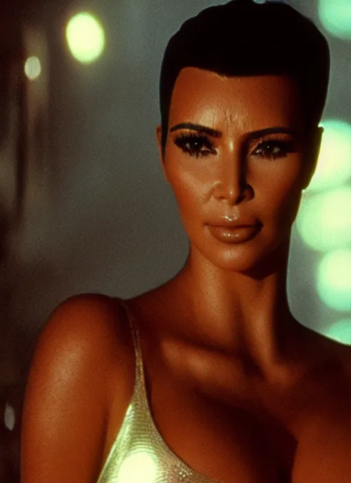 Prompt: film still of kim kardashian as Rick Deckard in Bladerunner,