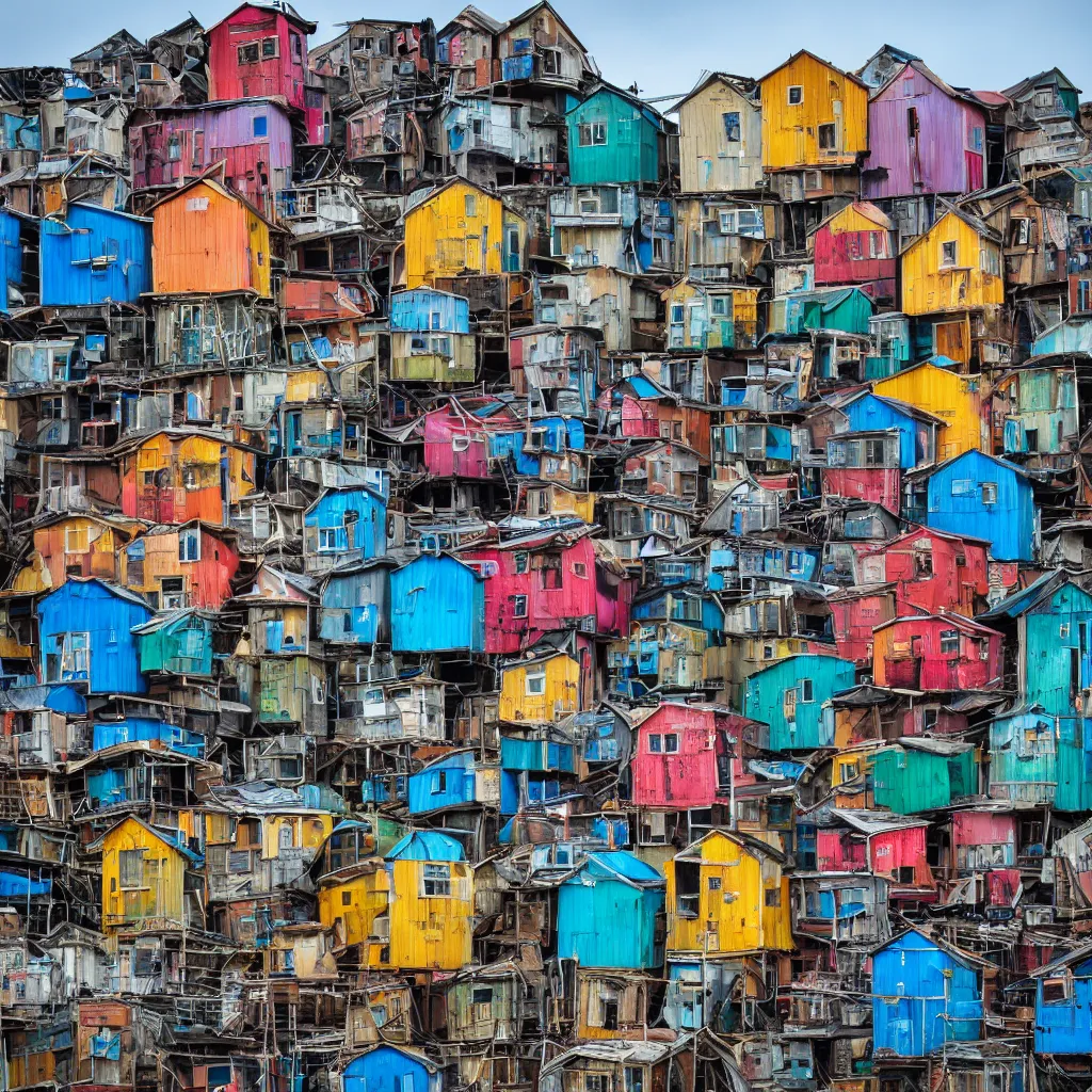 Image similar to a tower made up of colourful makeshift squatter shacks, dystopia, sony a 7 r 3, f 1 1, fully frontal view, photographed by tekla evelina severin, ultra detailed,