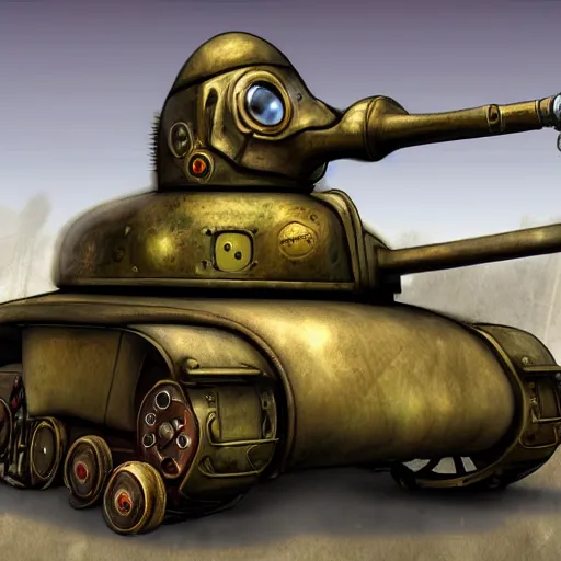 Image similar to a tank with mechanical legs, a gnome peeking out, steam punk, detailed digital art