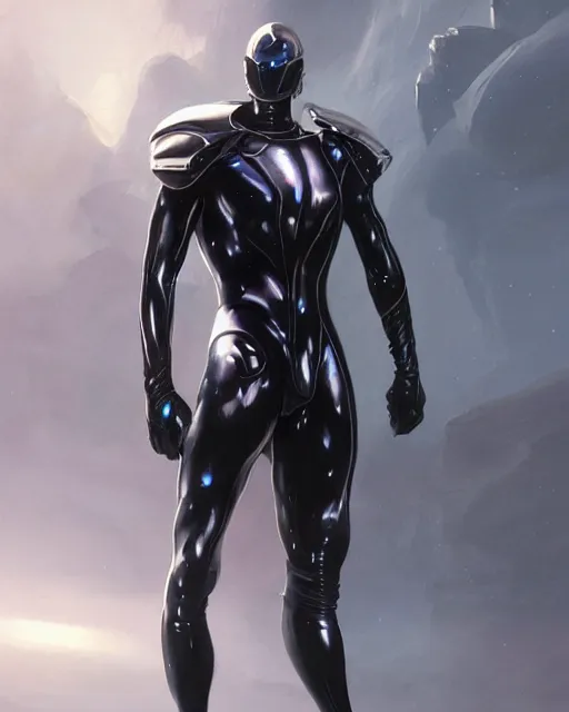 Prompt: iridescent sinewy smooth muscular male sleek glossy black pearlescent scifi armor with smooth black featureless helmet, by greg rutkowski, mark brookes, jim burns, tom bagshaw, magali villeneuve, eve ventrue, trending on artstation