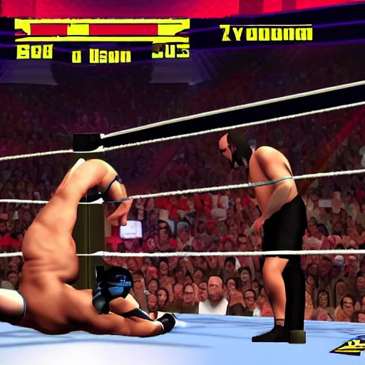 Prompt: WWE wrestling, PS2 game screenshot