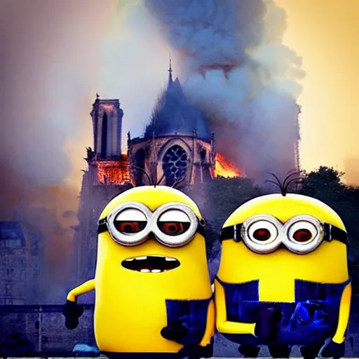 Image similar to “minions laughing as the Notre dame burns behind them”