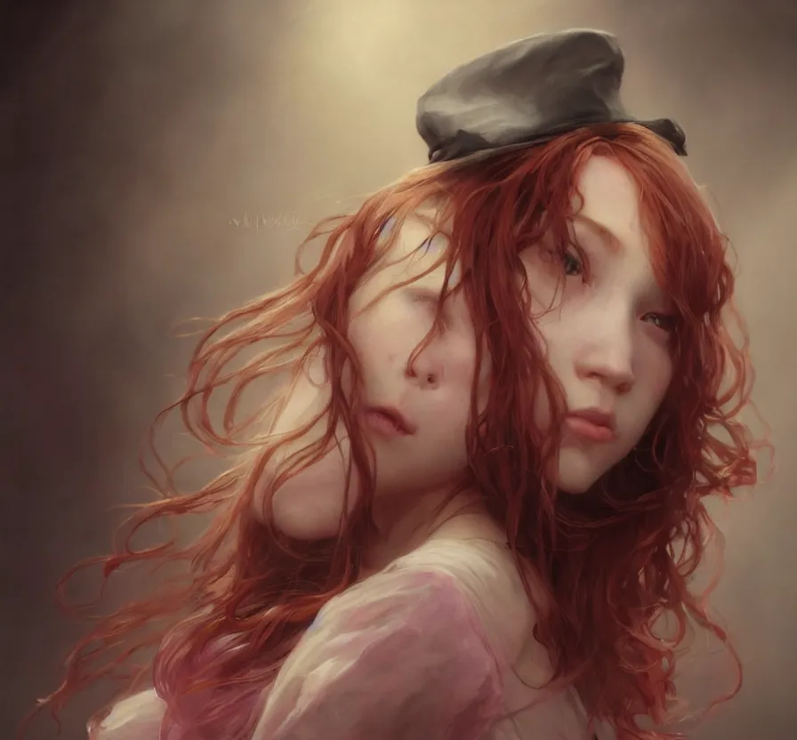 Prompt: one person only, realistic, portrait, centered, dramatic, fantasy, render of a redhead young girl, with a pink wool street hat on her head, by wlop, artgerm, greg rutkowski, alphonse mucha, beautiful dynamic, dramatic, dark, moody lighting, shadows, cinematic atmosphere, artstation, concept design art, octane render, 8 k