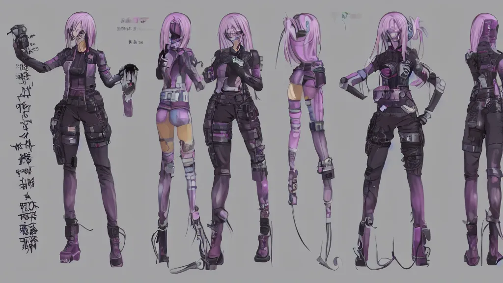 Image similar to An anime character reference sheet of a female cyberpunk character, trending on artstation