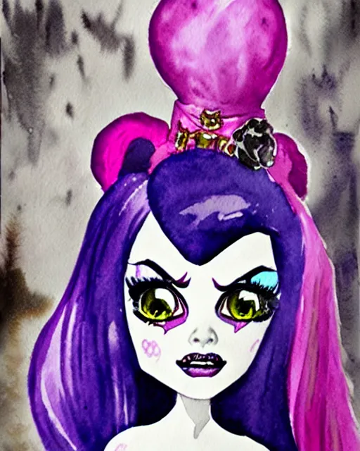 Prompt: watercolor portrait of monster high draculaura doll, by darkodordevic, blanca alvarez, liu yi, watercolor