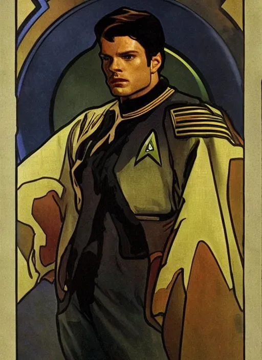 Image similar to sebastian stan as a star trek captain, a still from star trek painted by alphonse mucha. clear highly detailed face, beautiful sci fi art