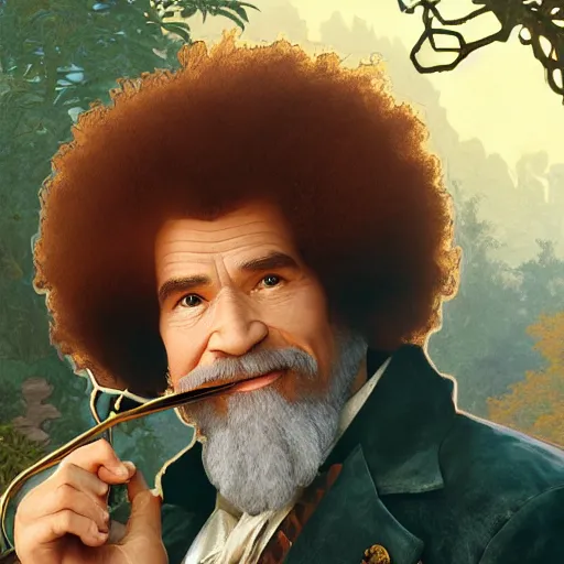 Image similar to an ultra detailed vector image of bob ross dressed as a fantasy bard, d & d, epic fantasy, concept art by alphonse mucha and greg rutkowski, octane render, 8 k, detailed face