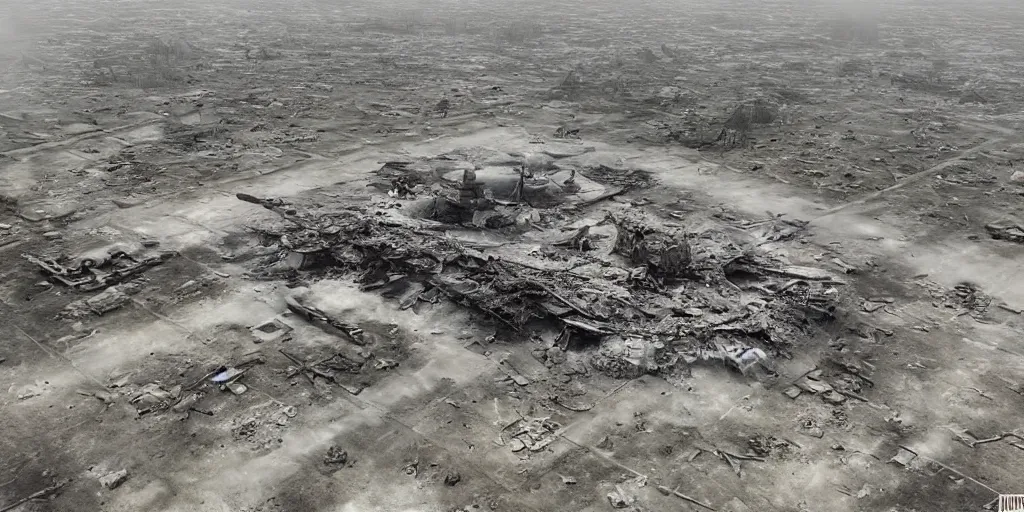 Image similar to aerial view of a bombed air base, craters, destruction, damaged planes, hyperrealistic, photorealistic, detailed