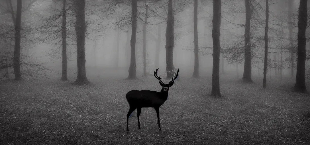 Prompt: misty wood, black deer with big antlers, pinhole analogue photo quality, monochrome, blur, unfocus, cinematic, 35mm