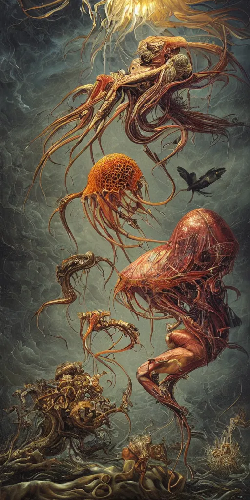 Image similar to an anatomical oil painting of a Harpy jellyfish from a medical journal by Nychos, Julie Bell, Peter Mohrbacher highly detailed, high detail, 8k, storm clouds, birds, dramatic lighting