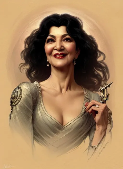 Image similar to “ shohreh aghdashloo as femme fatale smiling and winking, intricate, elegant, highly detailed, digital painting, artstation, concept art, smooth, sharp focus uhd 8 k, art by artgerm and greg rutkowski and alphonse mucha ”