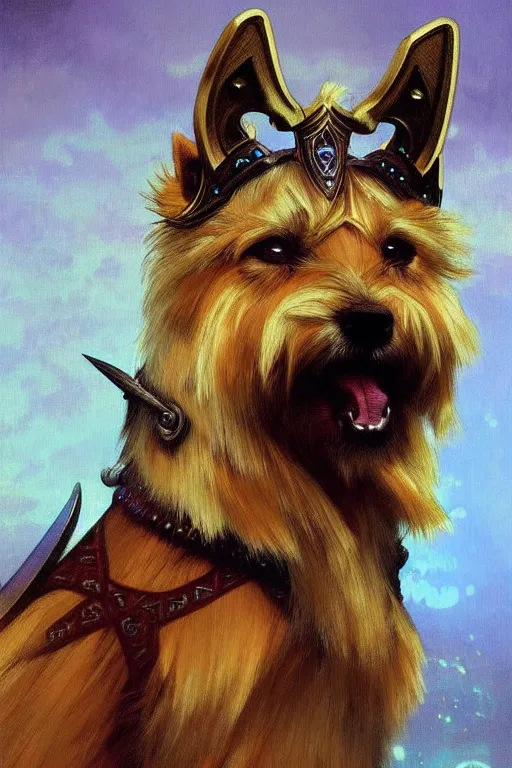 Image similar to norwich terrier as an Viking warrior, fantasy, intricate, elegant, highly detailed, digital painting, artstation, concept art, smooth, sharp focus, illustration, art by alphonse mucha