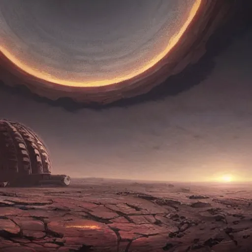 Image similar to A giant circular building, alien design, hidden ina crater on Mars, Sun on the horizon, fantasy art by Greg Rutkowski