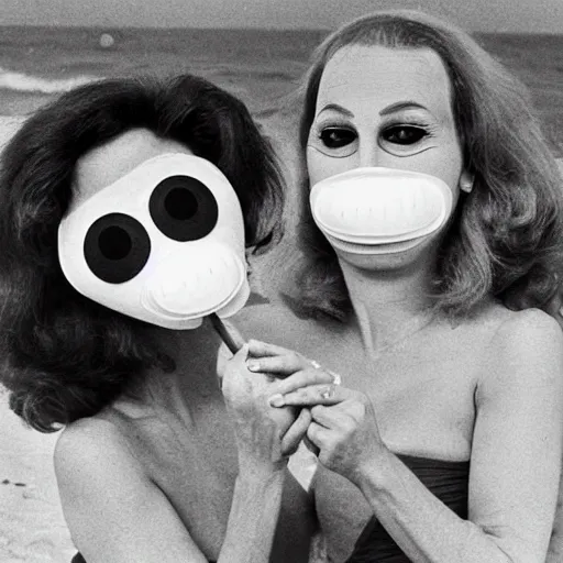 Image similar to 1979 twin women on tv show wearing an inflatable mask long prosthetic snout nose with googly eyes, soft color wearing a swimsuit at the beach 1979 color film 16mm holding a hand puppet Fellini John Waters Russ Meyer Doris Wishman old photo