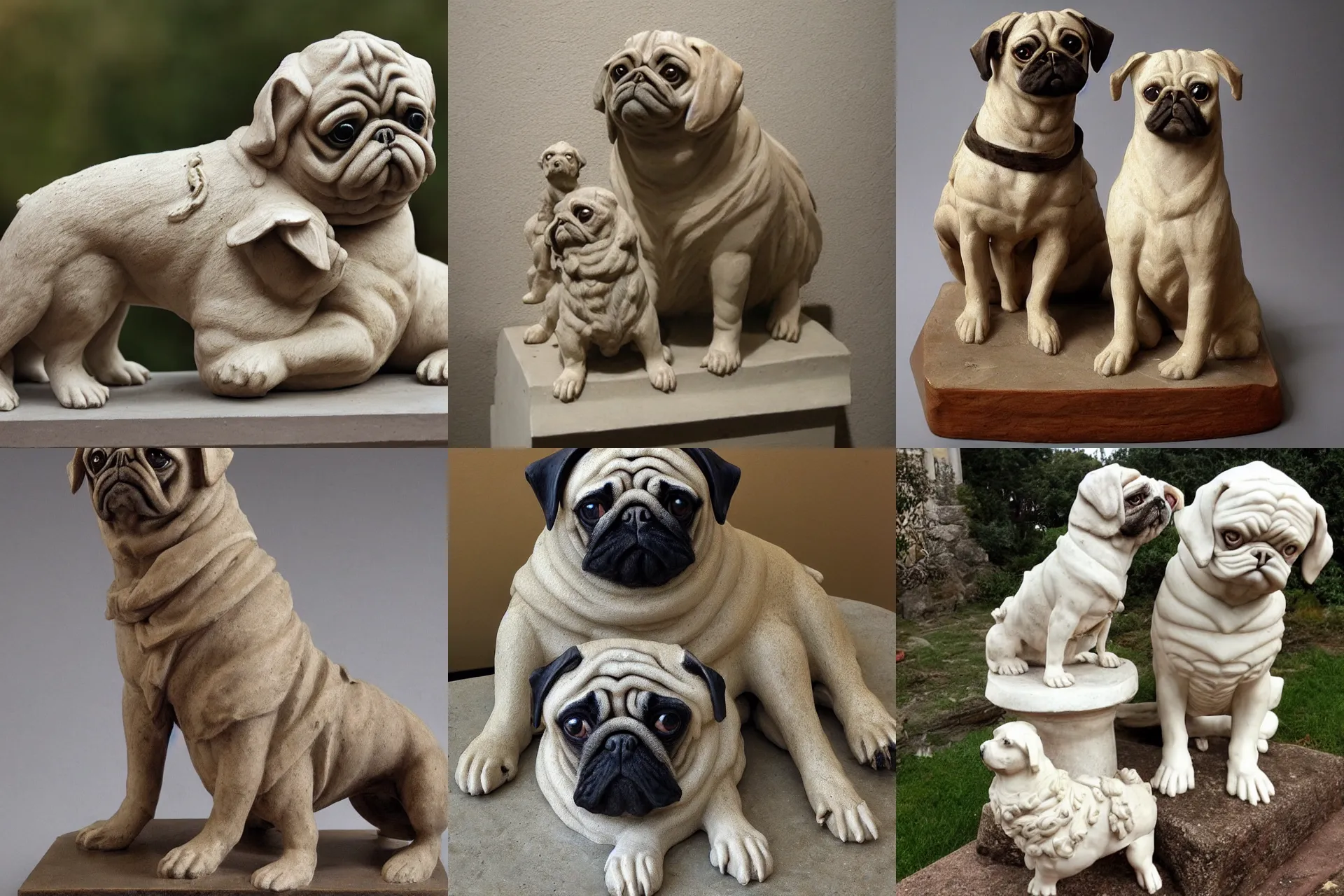 Prompt: a Greek statue of a pug and a dachshund buff